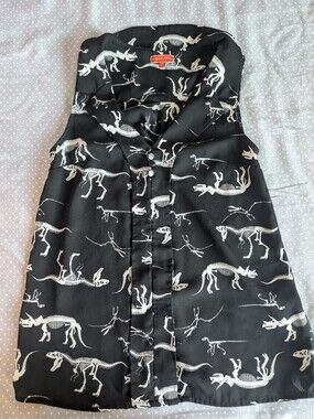 ModCloth Black Button-Up Sleeveless Blouse with White Dinosaur Skeletons